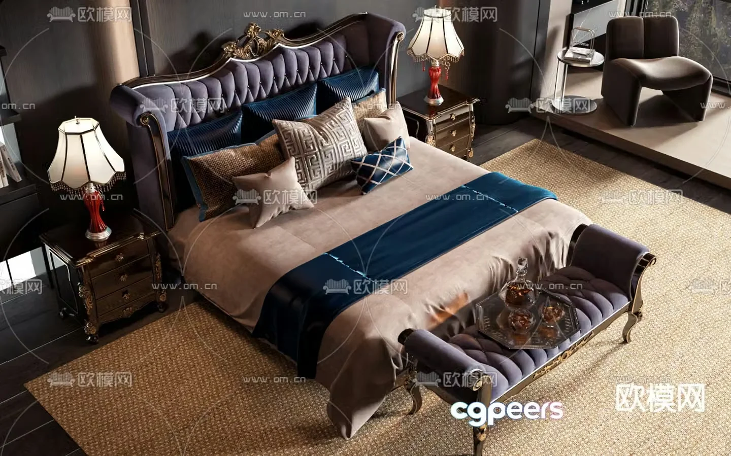 European double bed 3d model