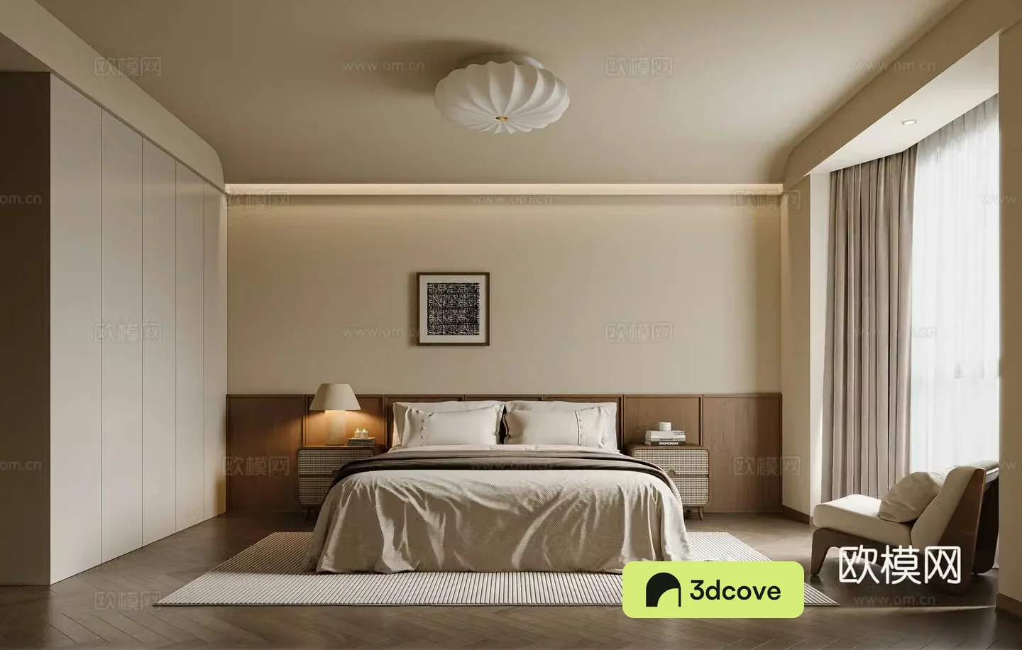 Medium-old bedroom bed bed background Medium-old ceiling light Medium-old single chair Single sofa Medium-old floor 3D model