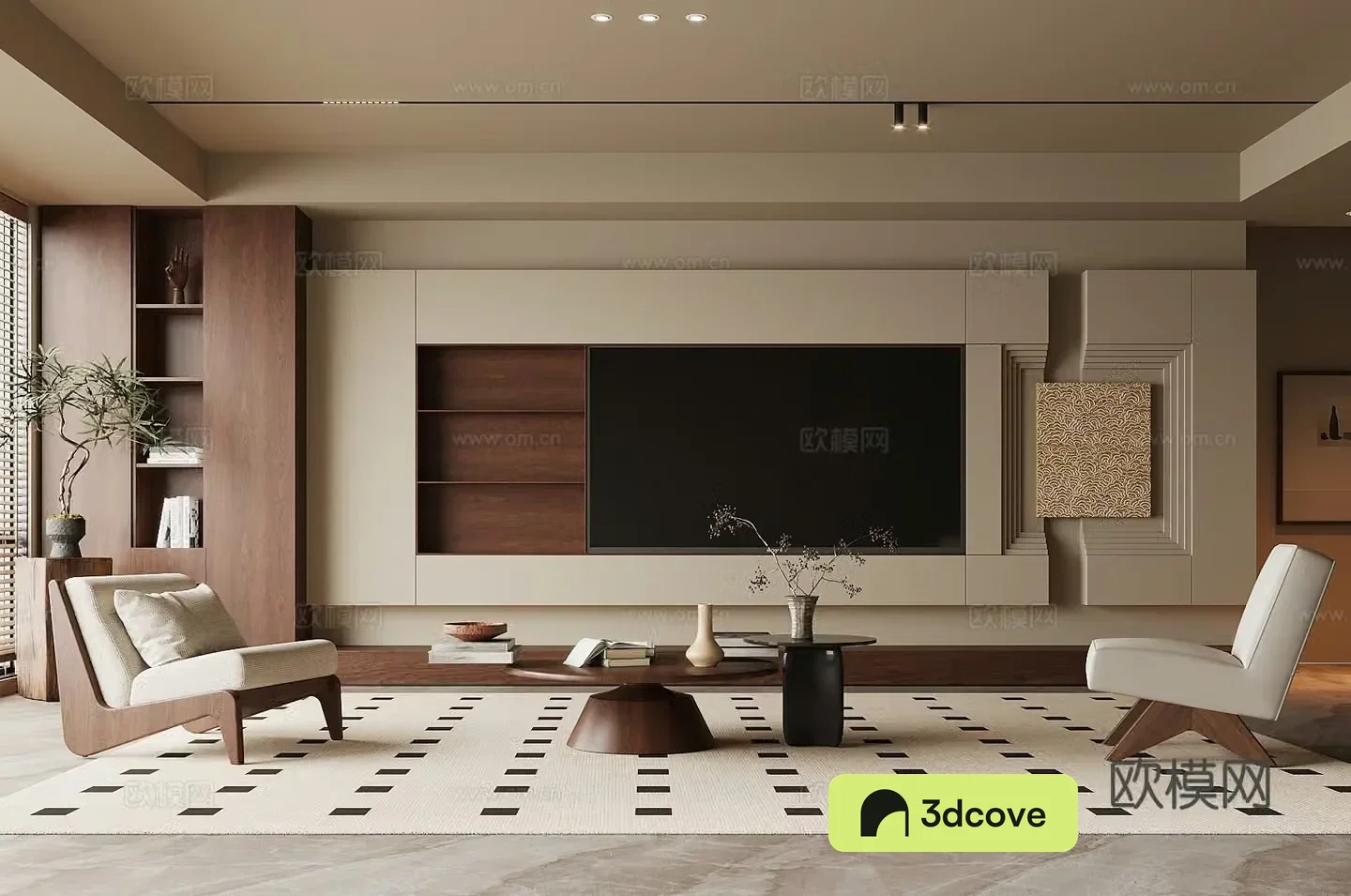 Middle-aged TV background wall 3d model