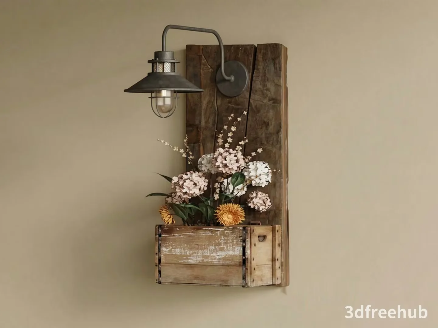Wooden Wall Hanging With Flowers And Light Fixture 3D Model – 23354 – VRAY Render