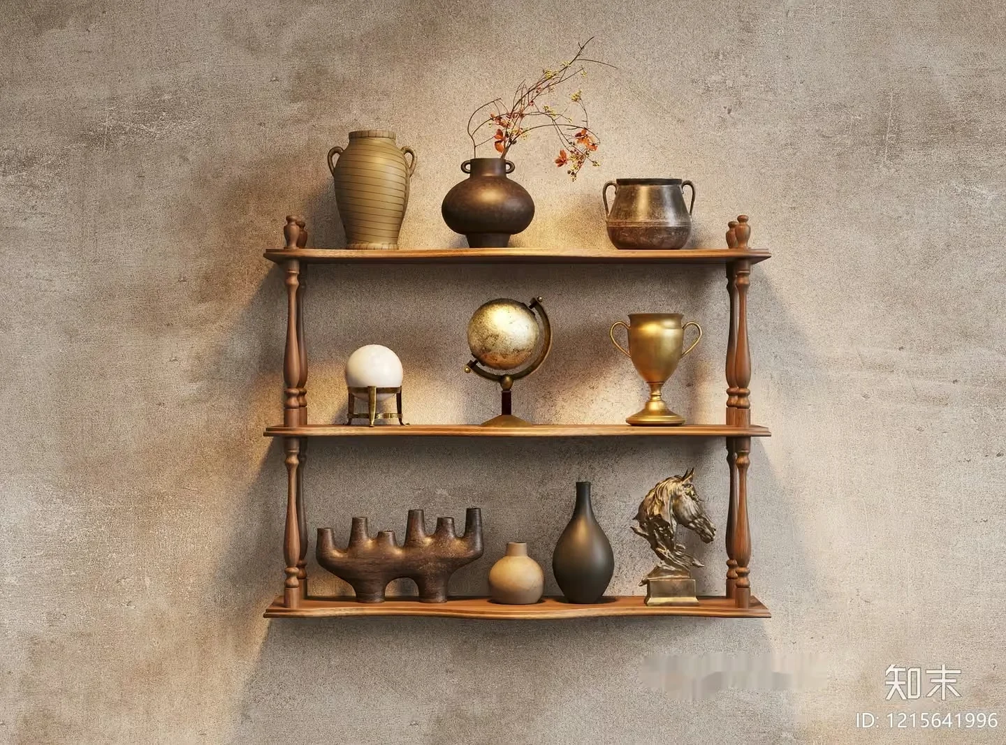 A Wooden Shelf With Various Objects On It 3D Model – 10187 – VRAY Render