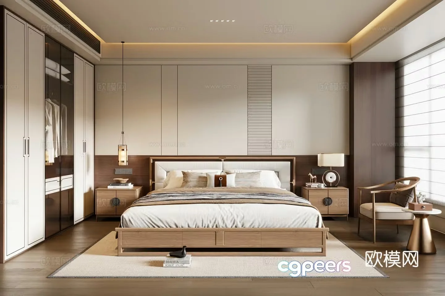 New Chinese style bedroom solid wood double bed bedside table chandeliers leisure chair wardrobe 3d model