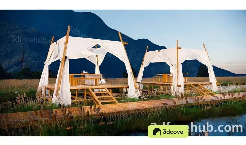 A Wooden Deck With White Curtains