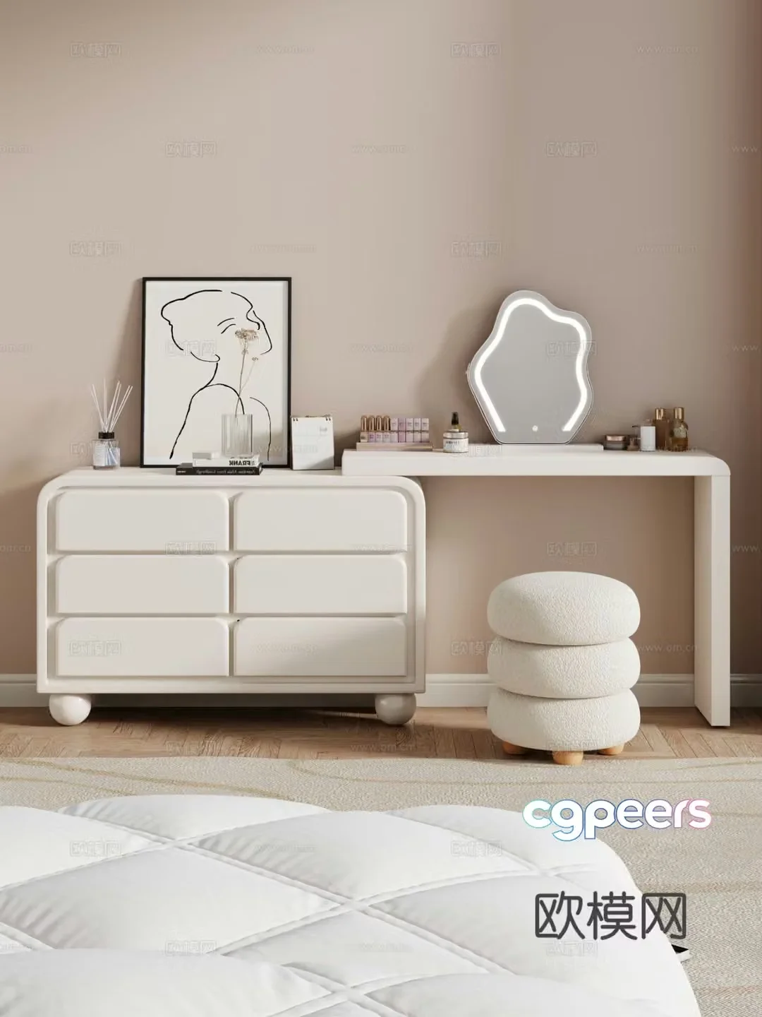 Cream style dressing table makeup stool combination dressing table makeup stool mirror decoration hanging painting 3D model
