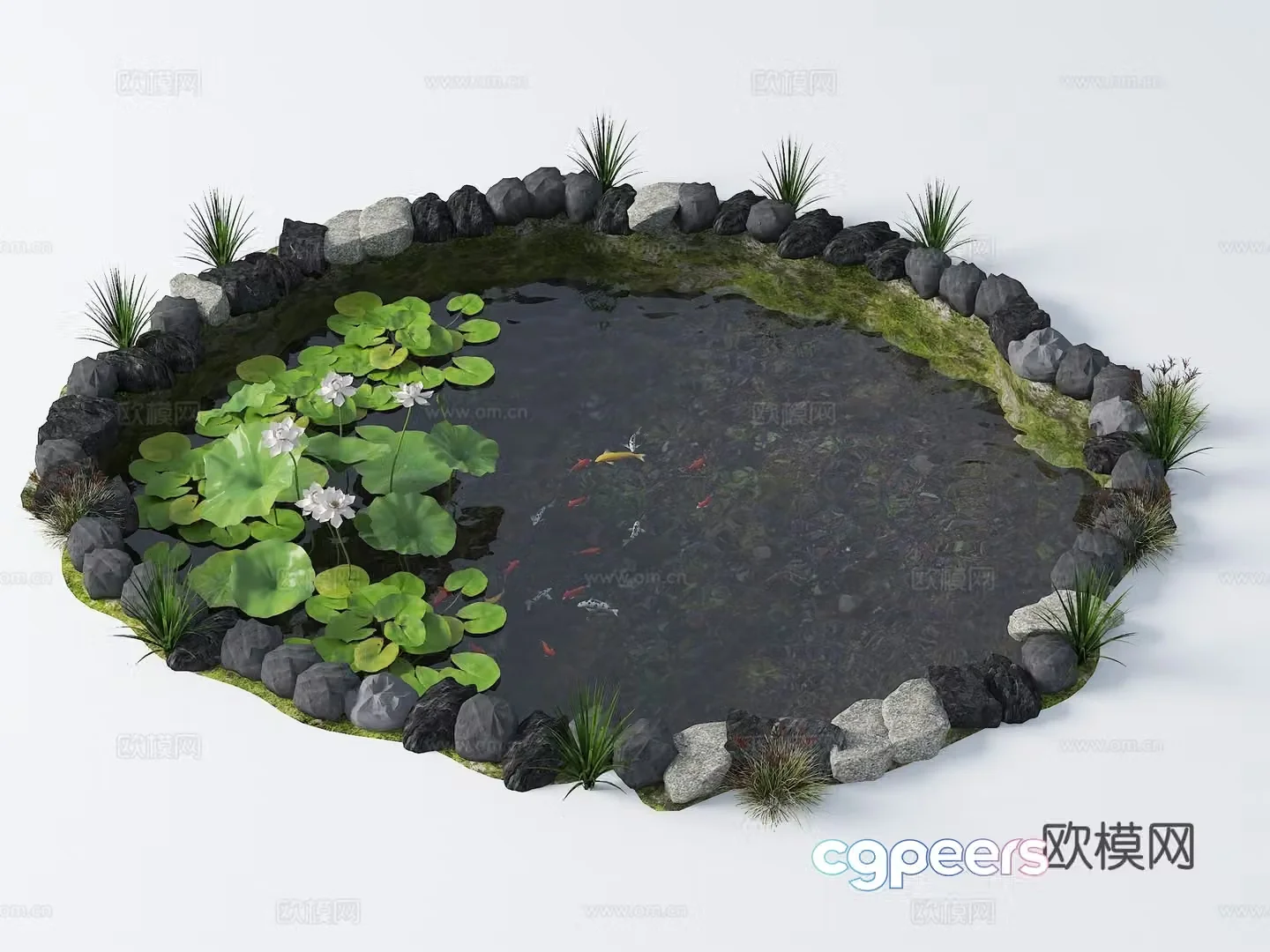New Chinese-style landscape pool lotus pond Jingli pond native fish pond waterscape ecological fish pond 3D model