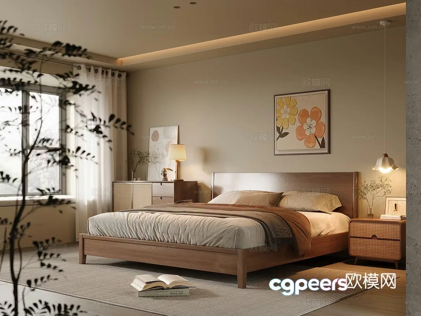 Middle-aged home bedroom solid wood double bed bedside table solid wood side cabinet chandeliers 3D model