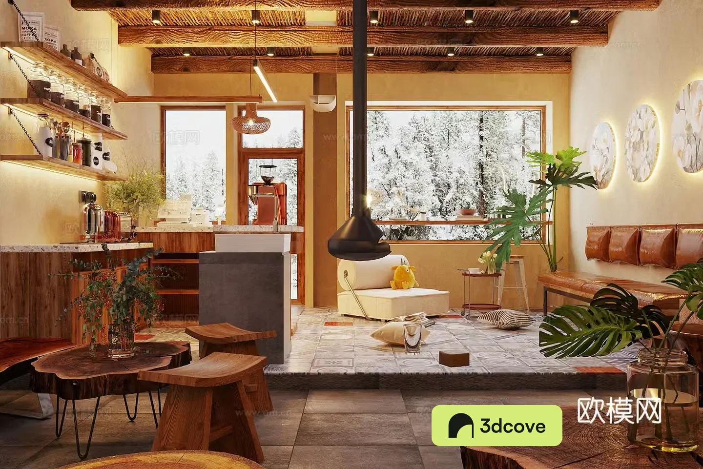 Log wood style milk tea shop Western restaurant Log wood style coffee shop Dessert shop Coffee table and chair Coffee