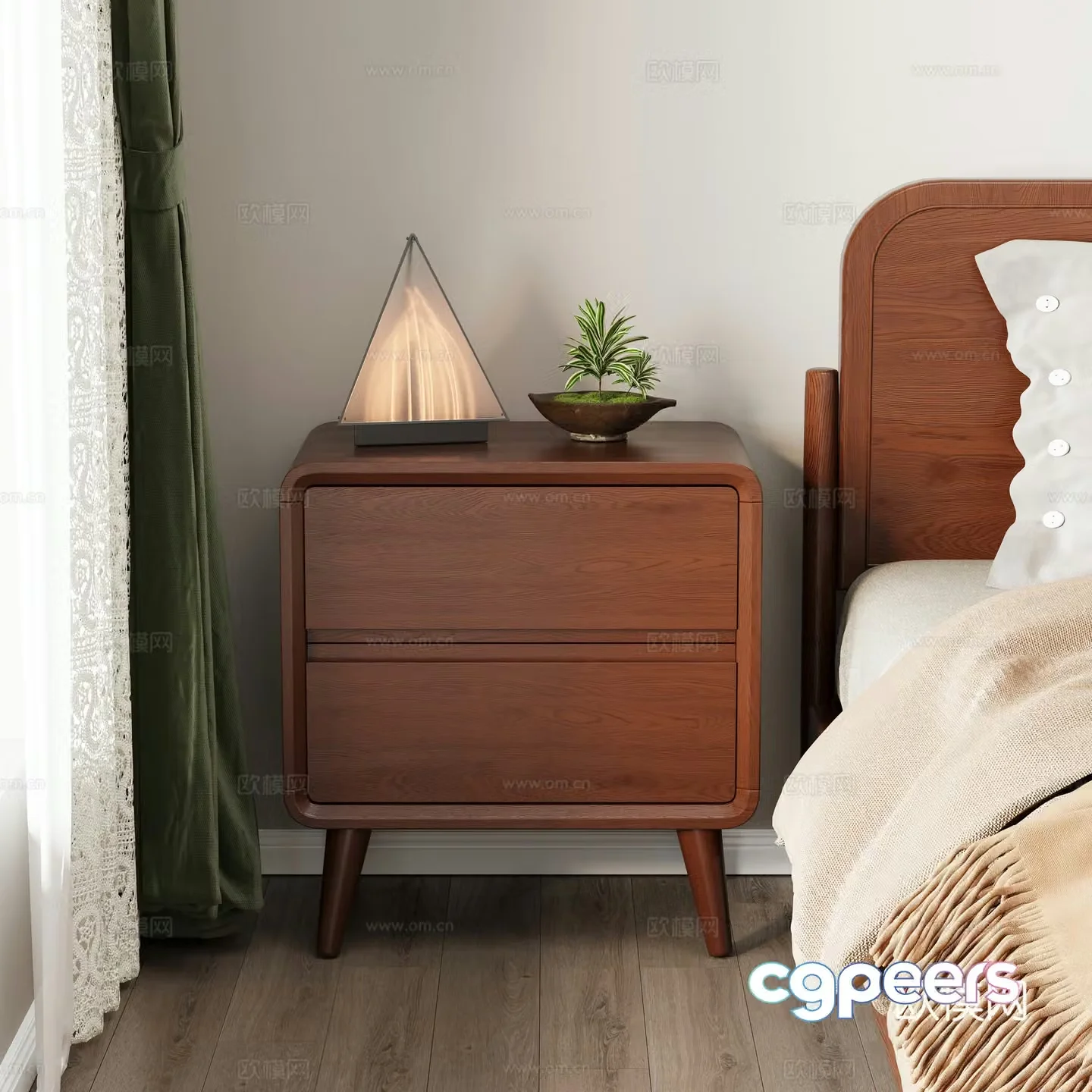 Solid wood bed solid wood bedside table bedding table lamp green plant decoration curtain sleeper floor skirting line 3d model