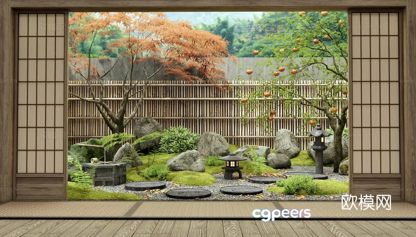 Japanese Zen courtyard landscape Tingbu Landscape Stones Dead Landscape Plant Landscape Red Maple 3D Model