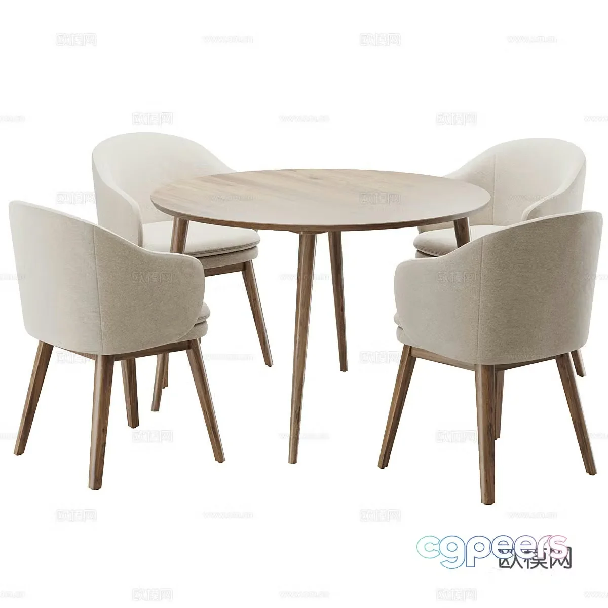 Creamy dining table and chairs Fabric dining chairs Log wooden table Large round table Round dining table Leisure single chair 3D model