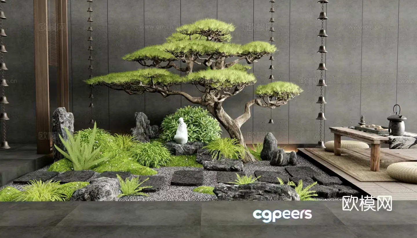Japanese courtyard sketch Indoor landscape landscaping Tingstep Moss stone Welcoming pine = 3d model