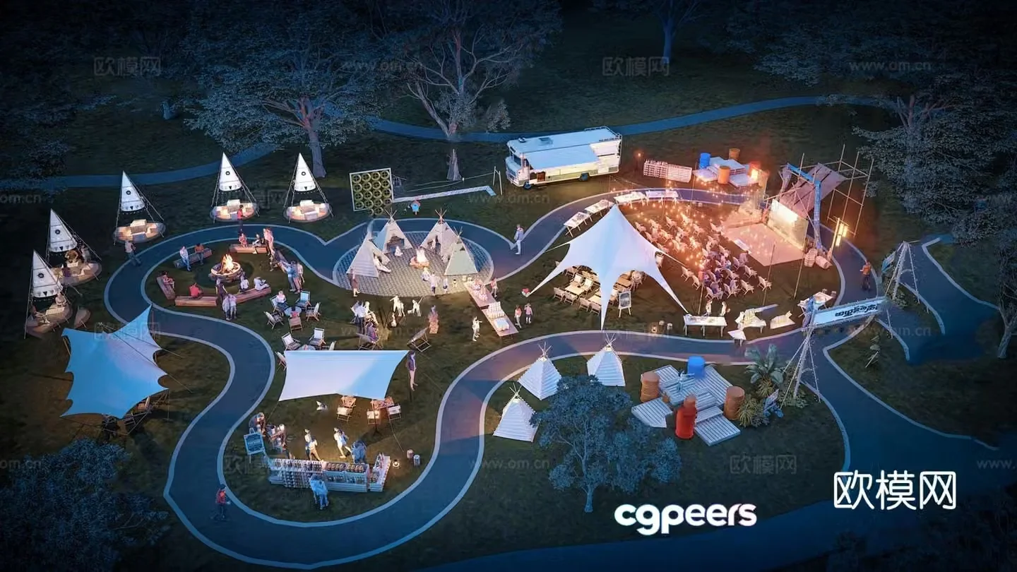 Camping base camping night scene 3d model