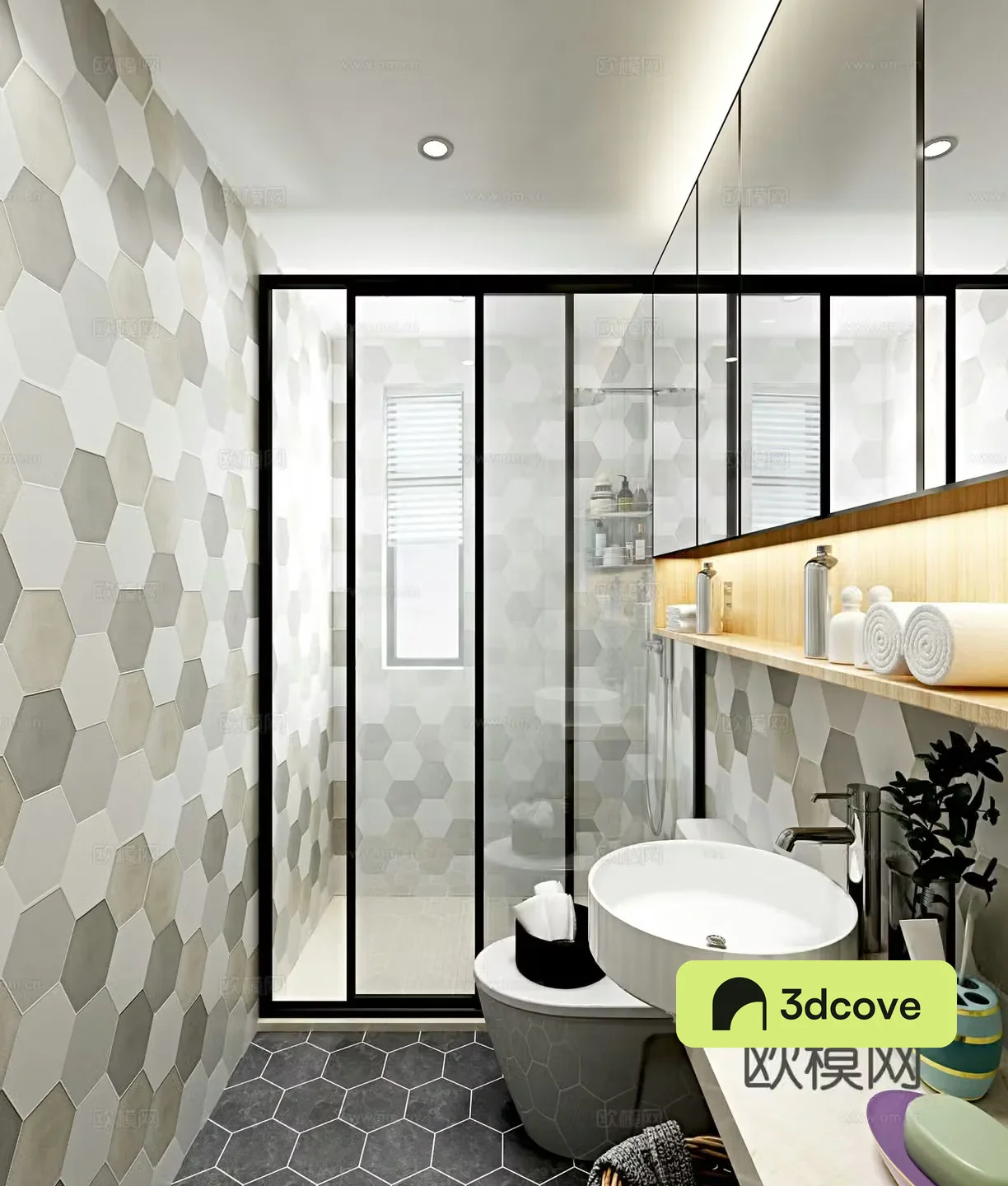 Nordic bathroom mirror toilet wash basin shower cabinet hexagonal tiles
