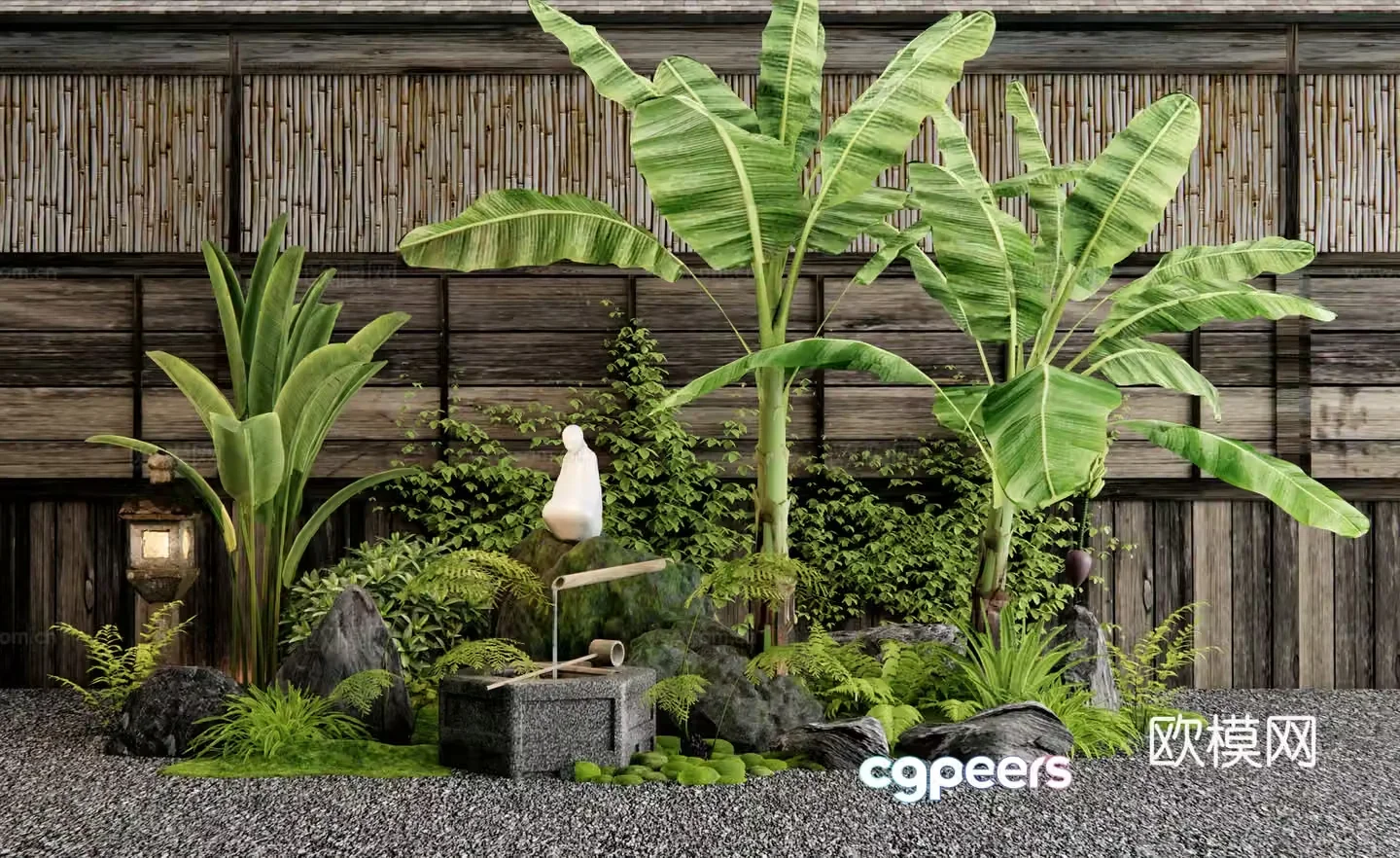 Japanese plant combination Garden sketch Waterscape Plant Landscape Stone Plant Pile Water Bowl 3D Model