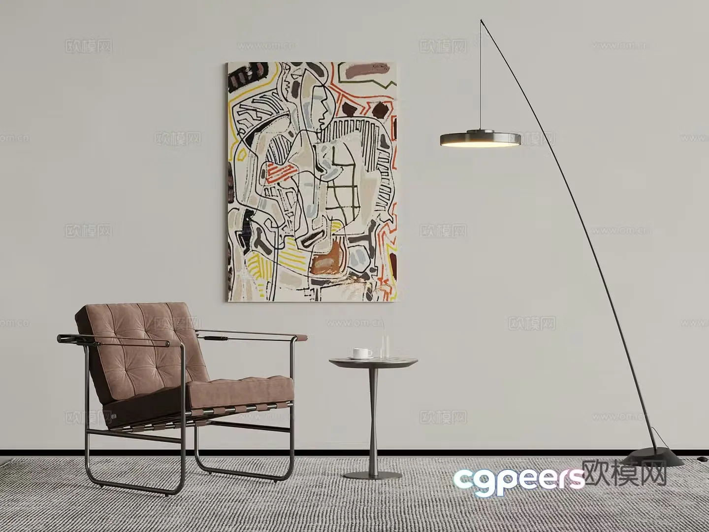 Modern simple leisure chair side table floor lamp hanging painting 3d model