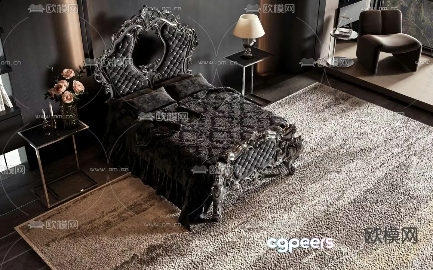 European double bed dark bed 3d model