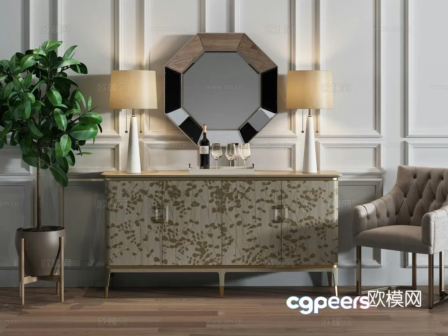 Nordic decoration cabinet leisure chair lamp combination decoration ornament 3D model