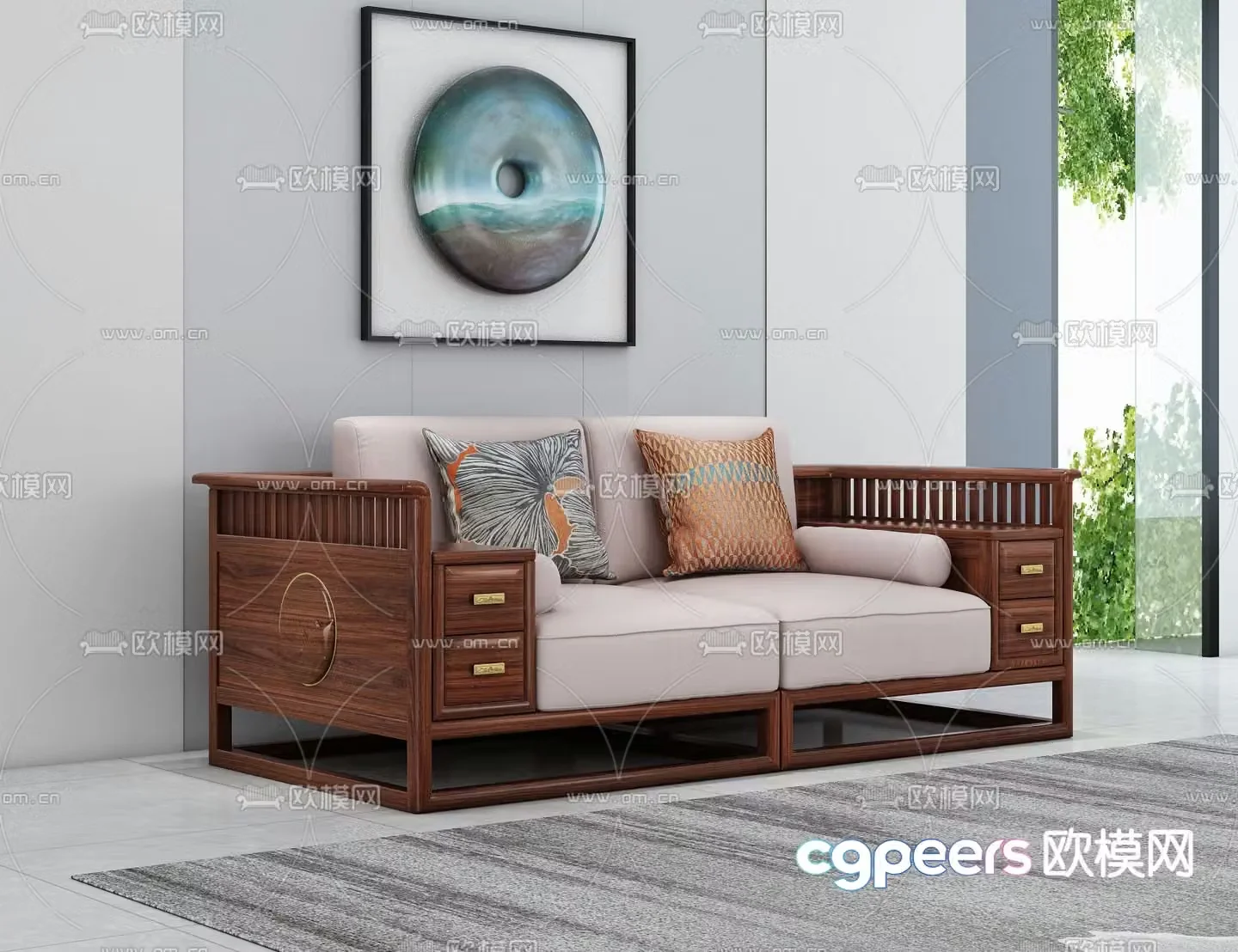 Chinese double sofa solid wood sofa 3d model