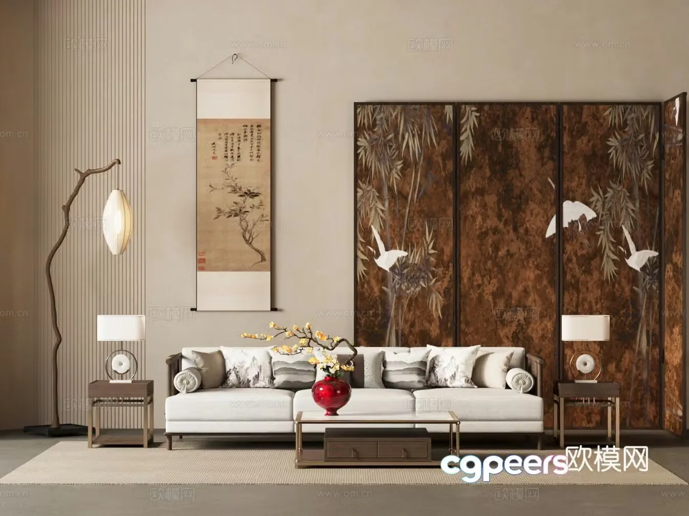 New Chinese living room small living room folding screen floor lamp sofa coffee table combination 3D model