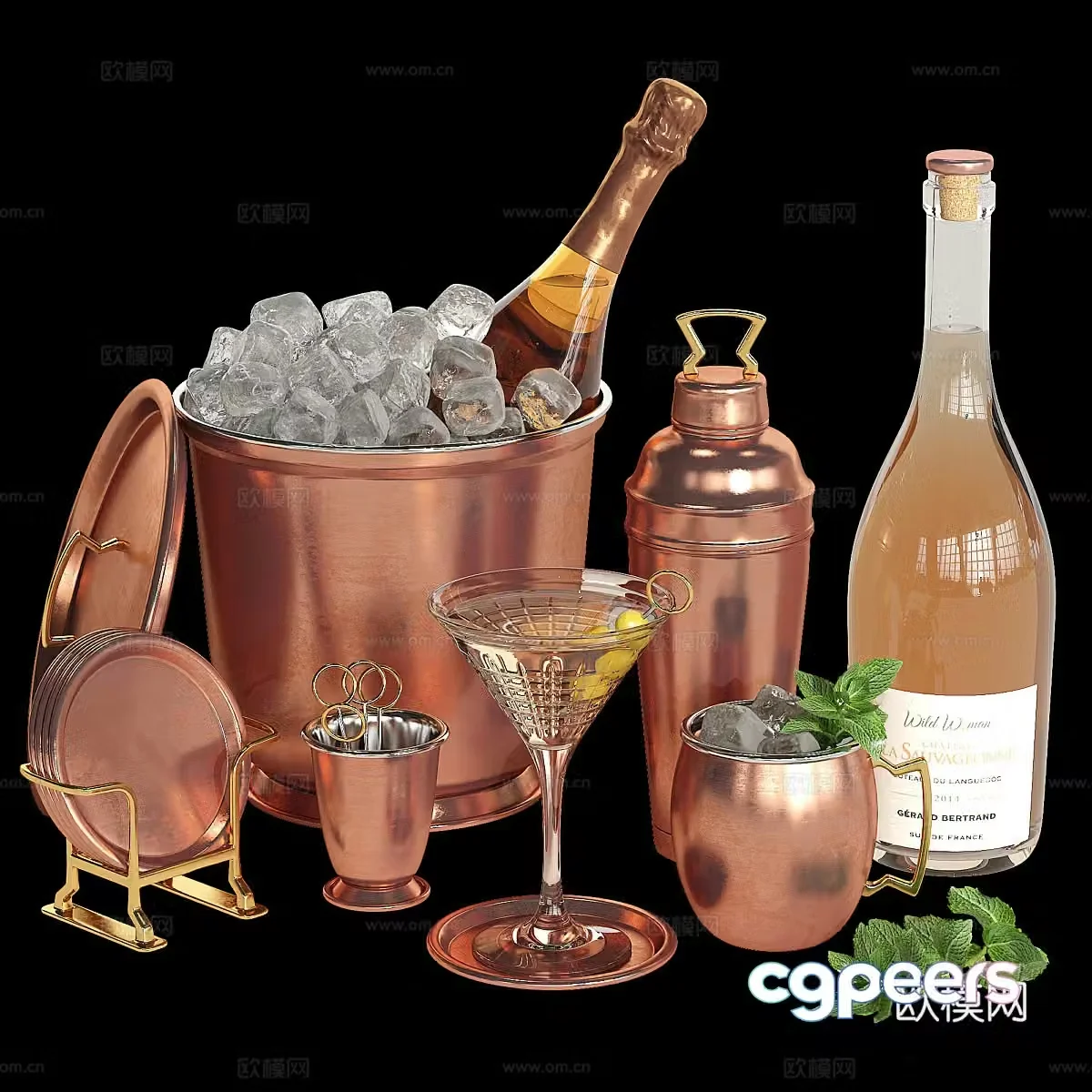 Wine ornaments wine barrels wine bottles copper wineware 3D model