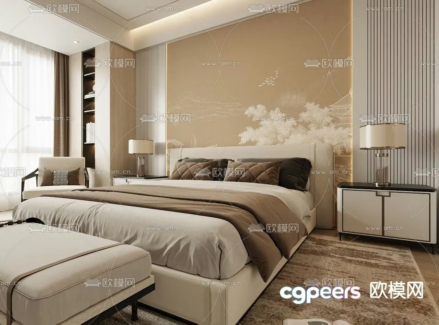 New Chinese style double bed 3d model