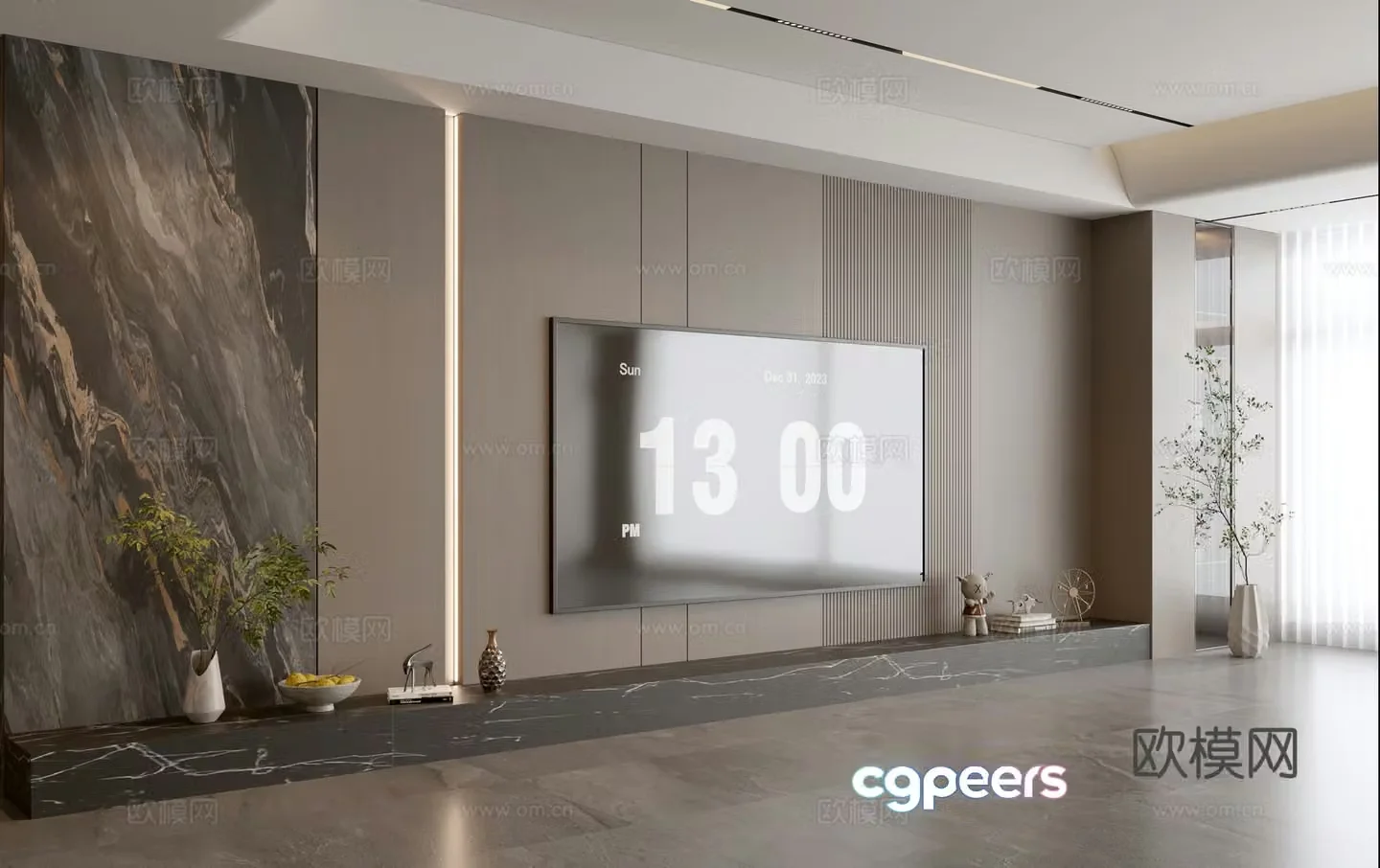 Modern Italian living room light luxury TV background wall full wall TV cabinet marble background wall 3d model