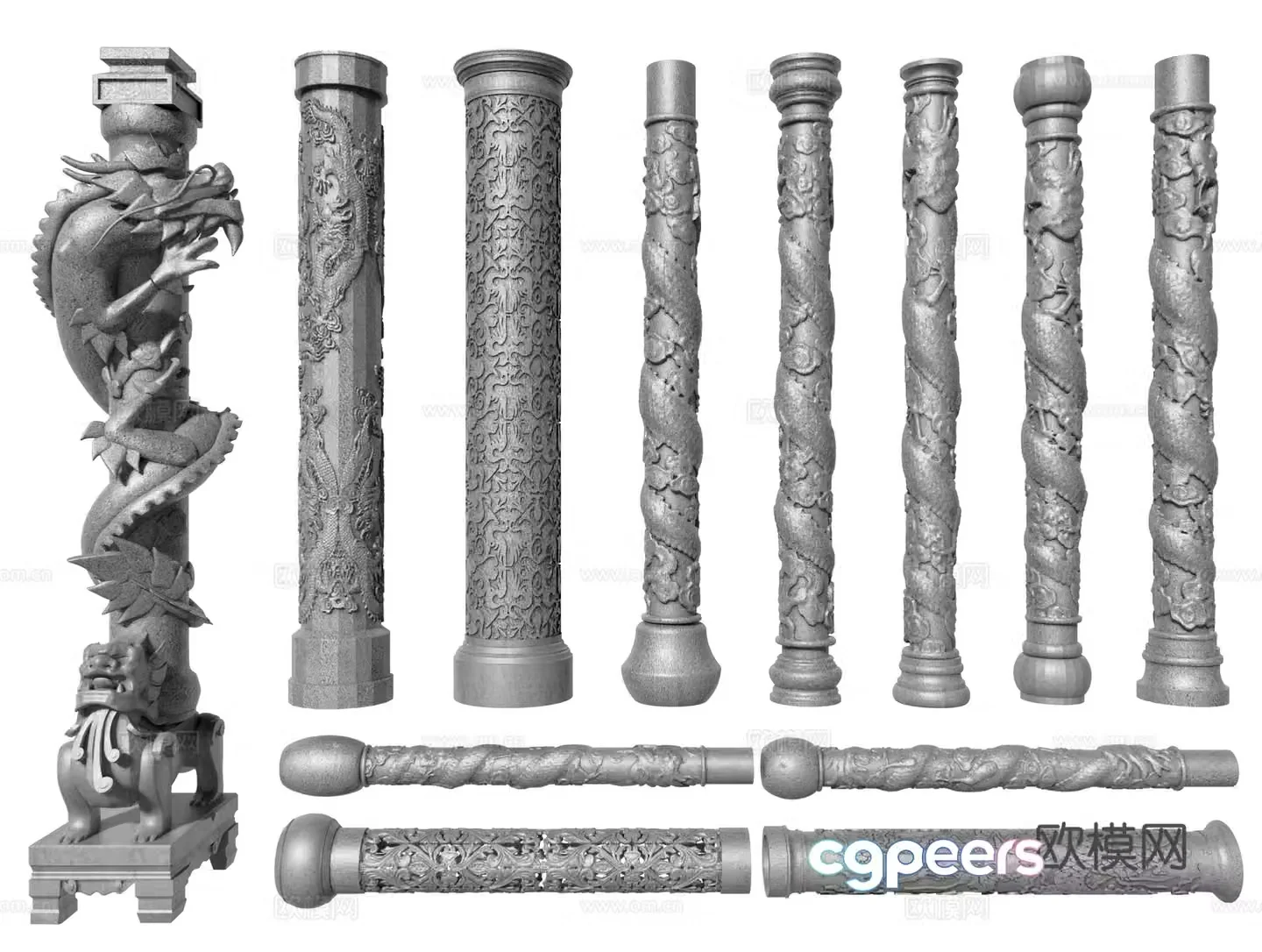 Chinese stone carving pillars dragon columns totem poles stone columns carved pillars 3D model