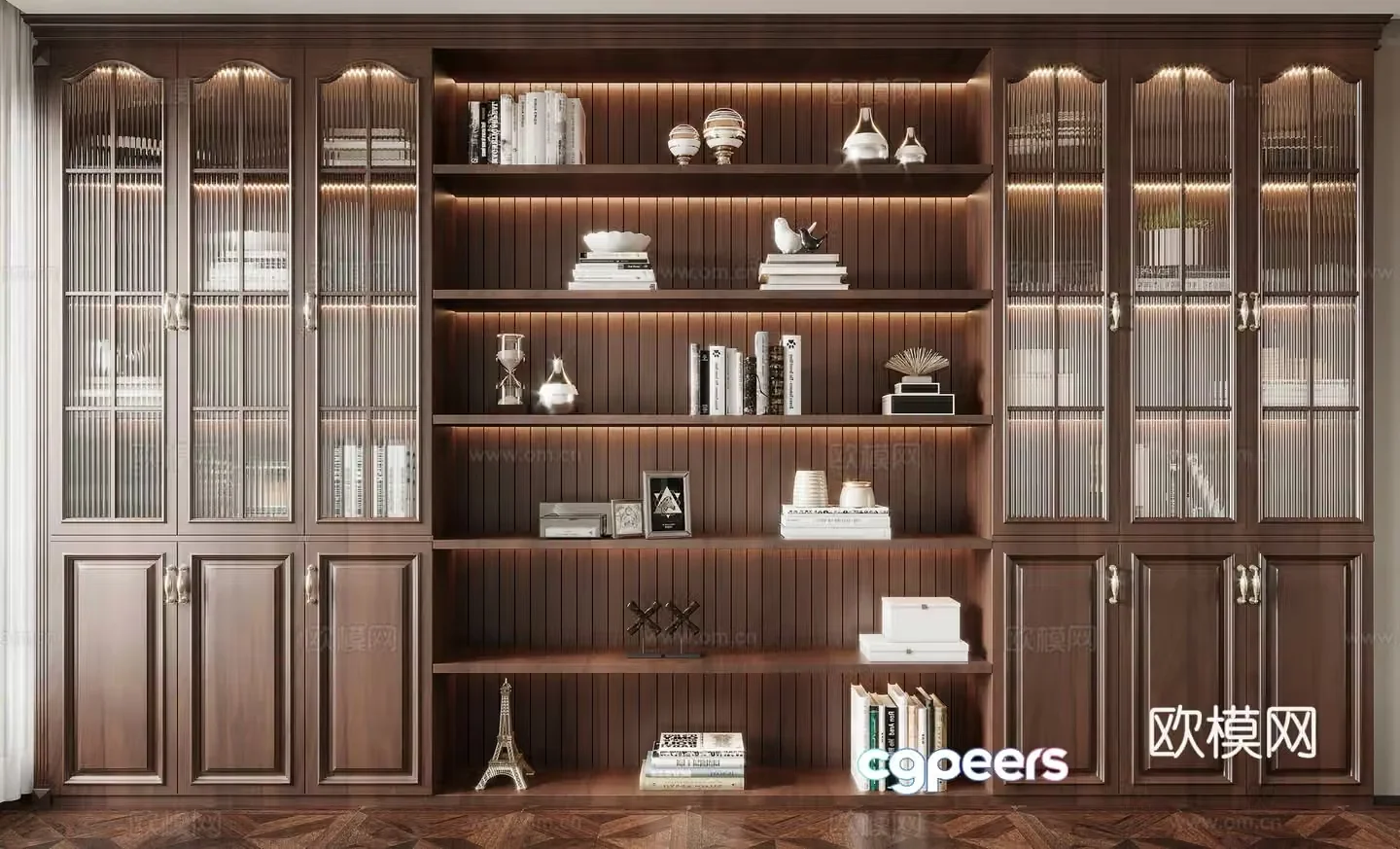 American solid wood bookshelf glass bookcase 3d model