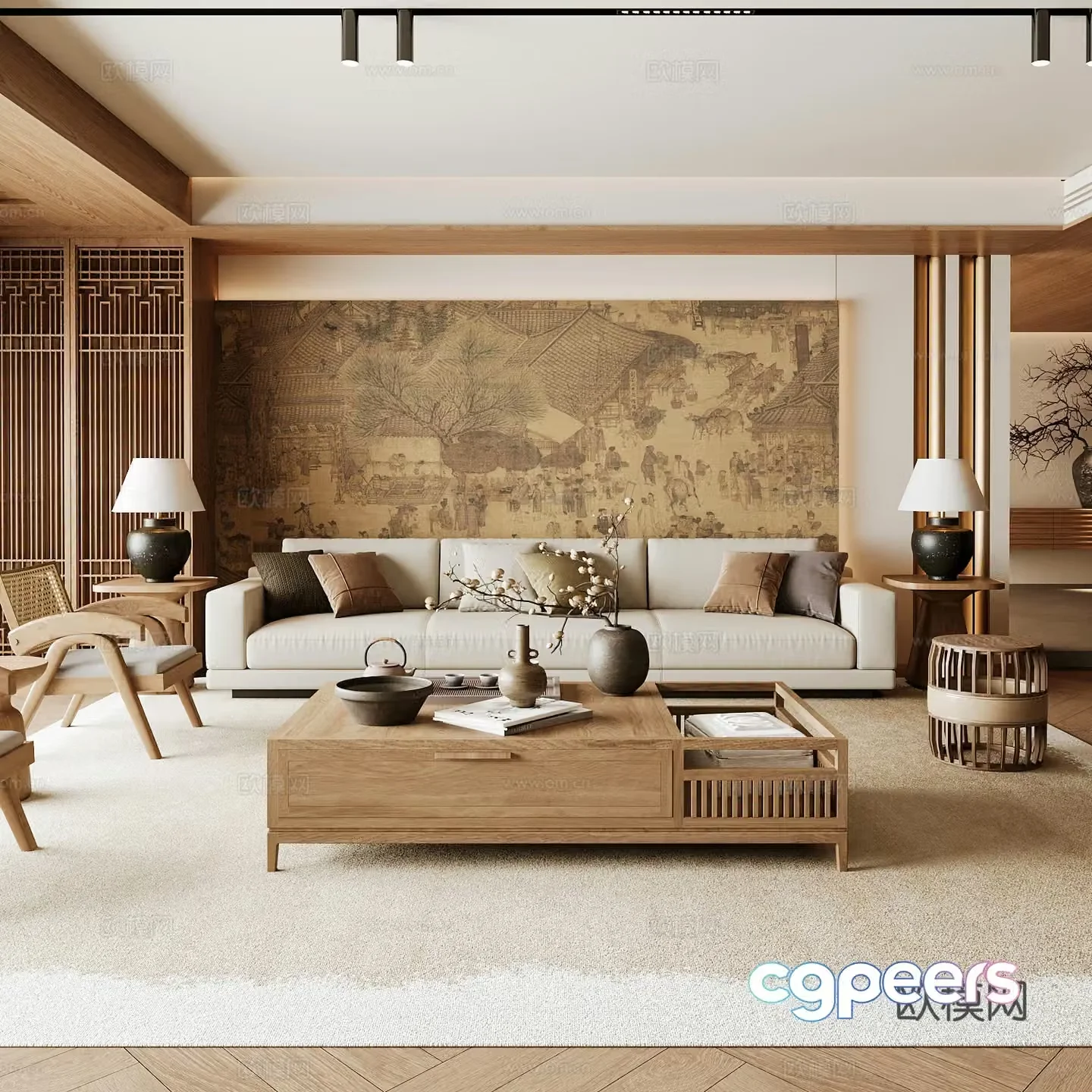 New Chinese Song style living room Chinese sofa combination Song style aesthetics Solid wood coffee table Chinese background 3D model