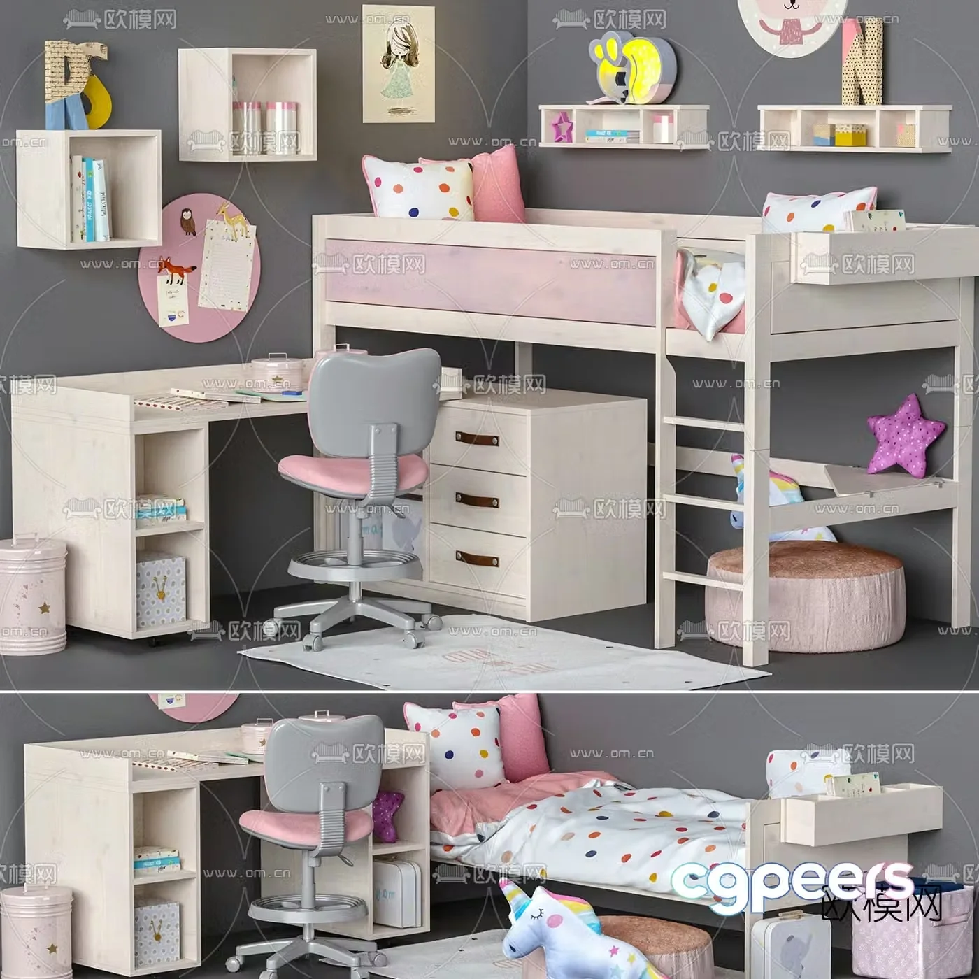 Modern children’s bed children’s desk chair 3d model