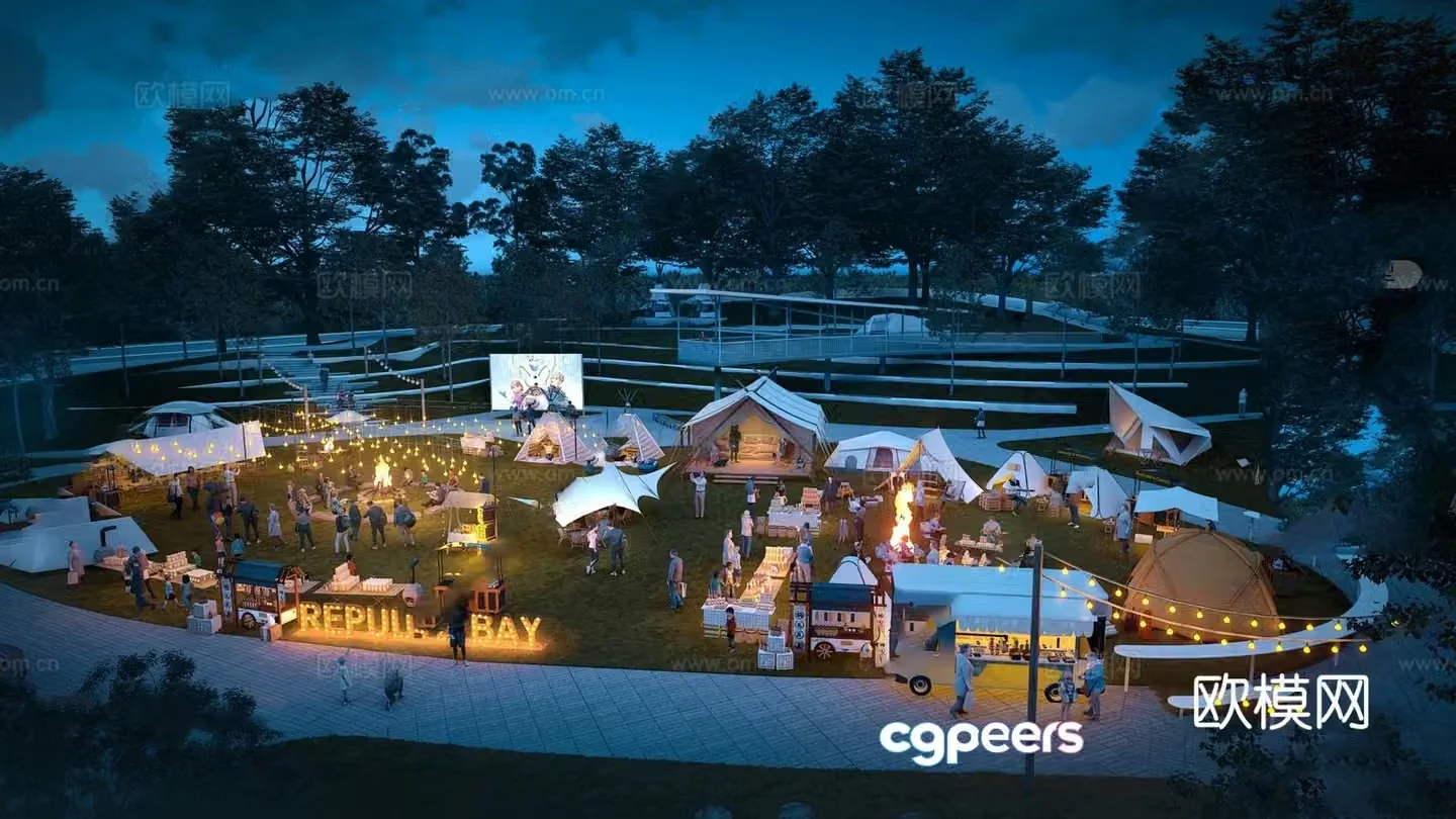 Camping base camp landscape camping night scene 3d model