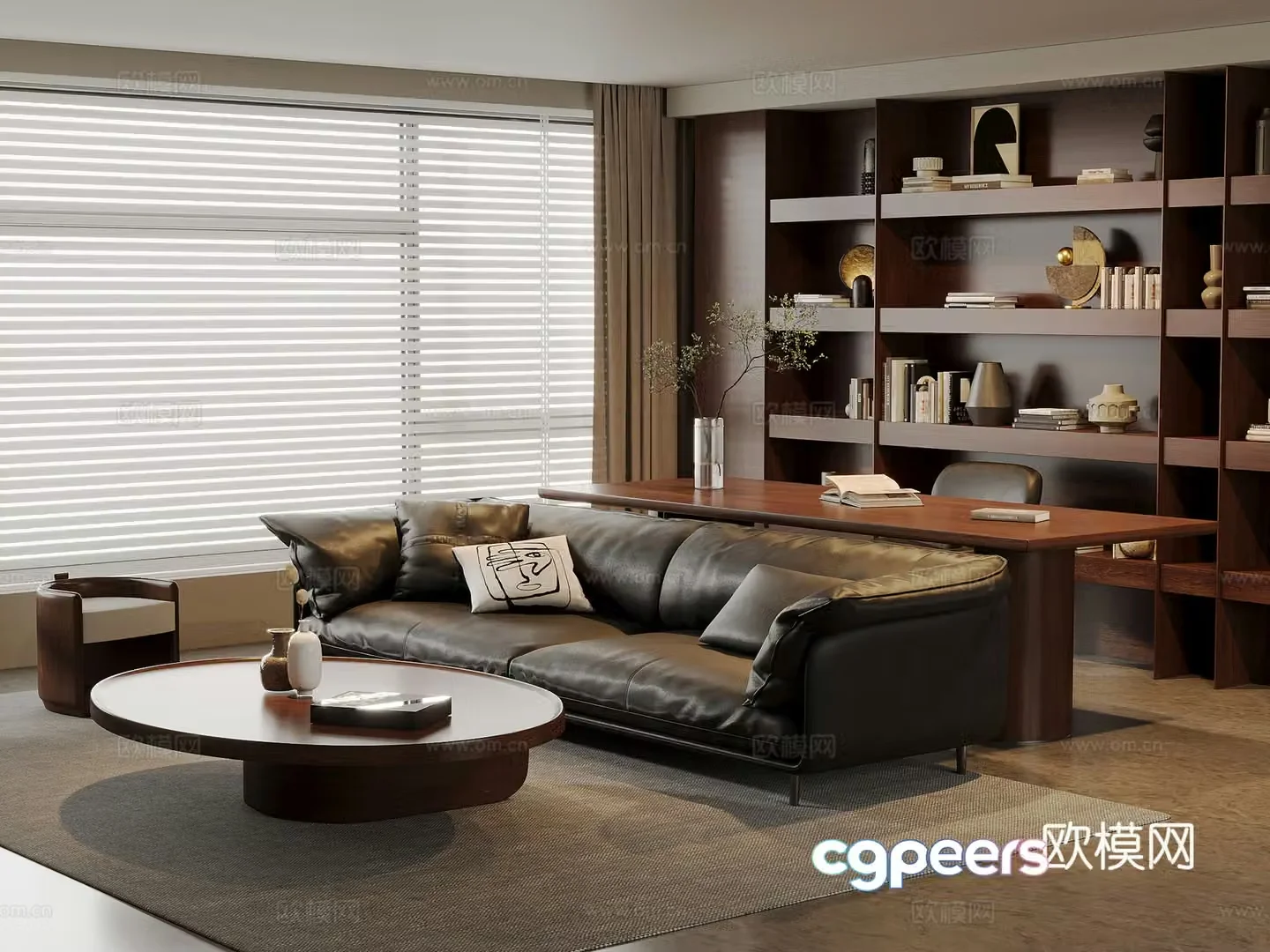 American medieval living room leather sofa and coffee table combination solid wood desk and chair solid wood bookcase 3D model