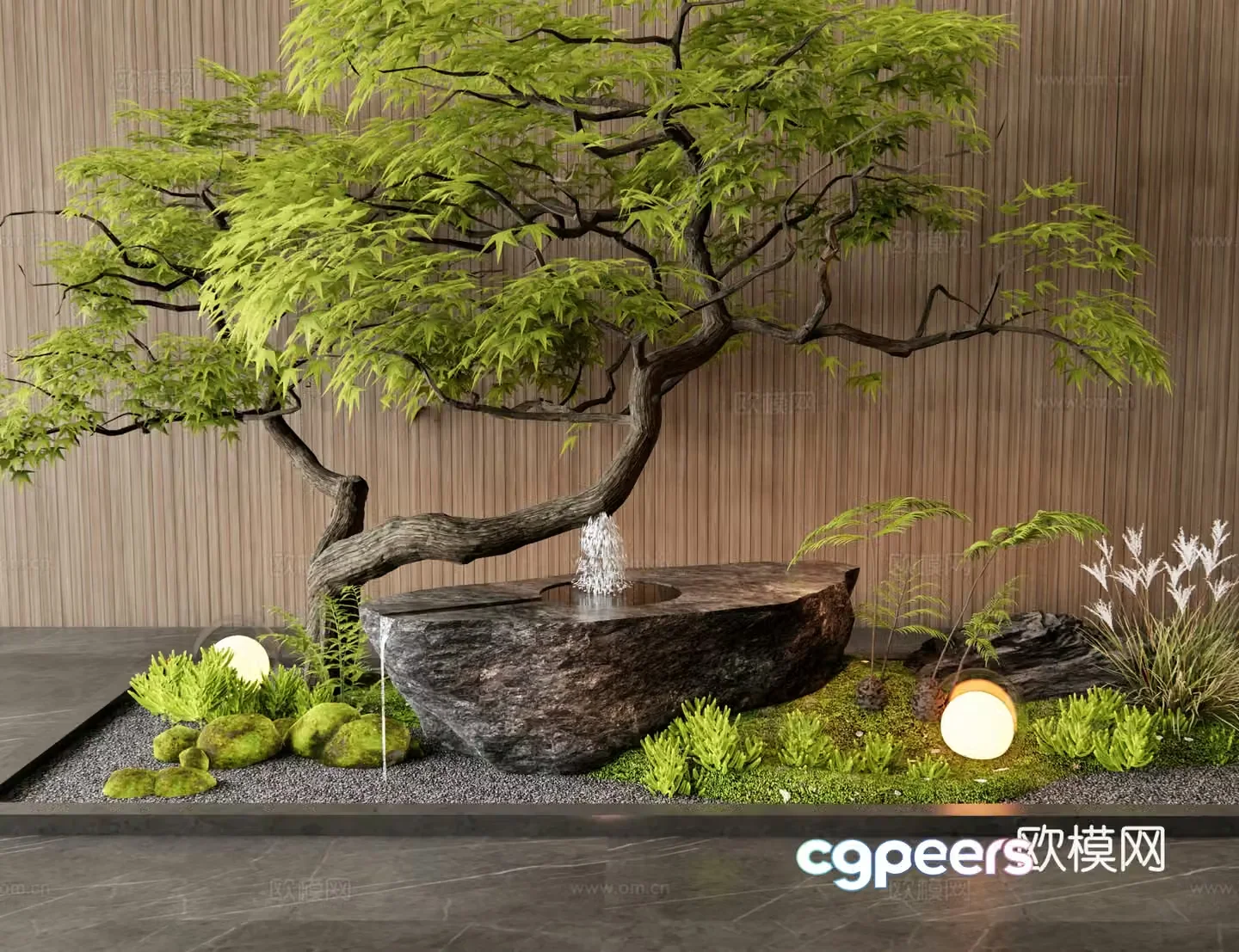 New Chinese waterscape water bowl flowing water ornament stone mortar waterscape moss feather maple plant pile 3d model