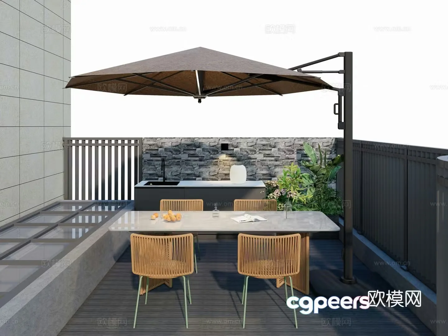 Modern Wasabi Style Outdoor Garden Furniture One Table Four Chairs Rock Slab Marble Dining Table Water Bar 3D Model