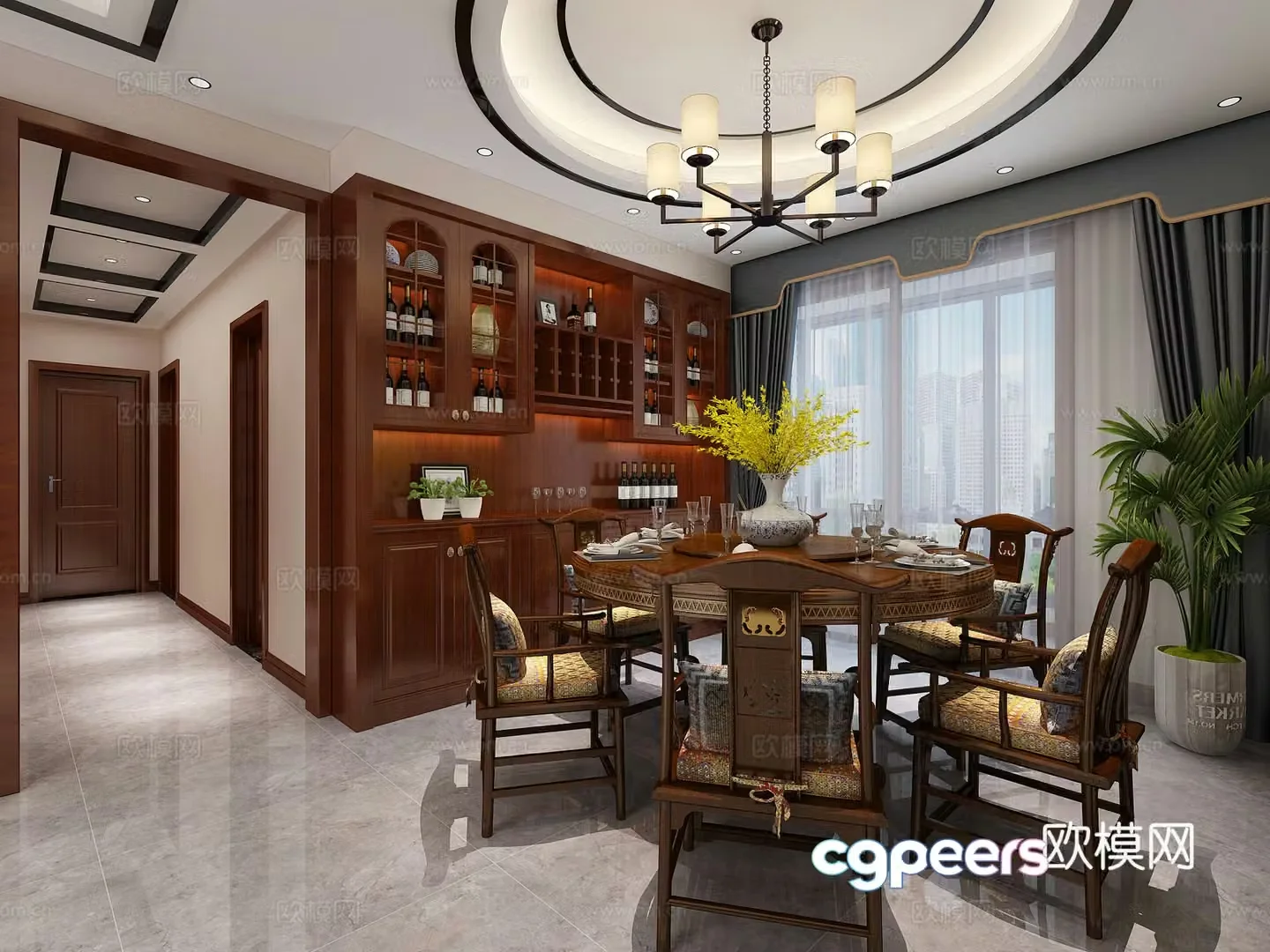 Chinese living and dining room sofa and coffee table combination TV cabinet combination dining table and chair combination chandelier 3D model
