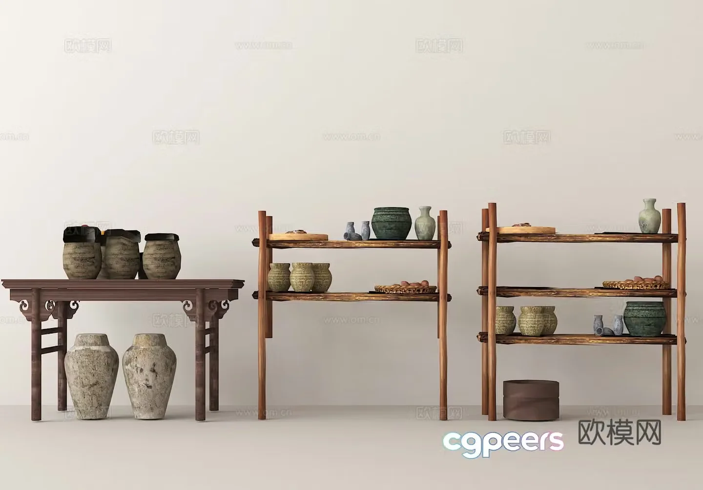 Chinese style antique shelf Traditional pottery Chinese style display Retro pottery jar Tea room decoration Folk ornaments 3D model