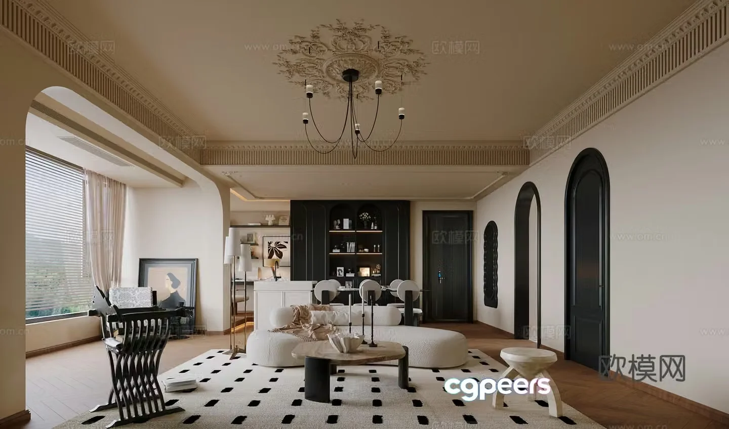 French retro living and dining room 3d model