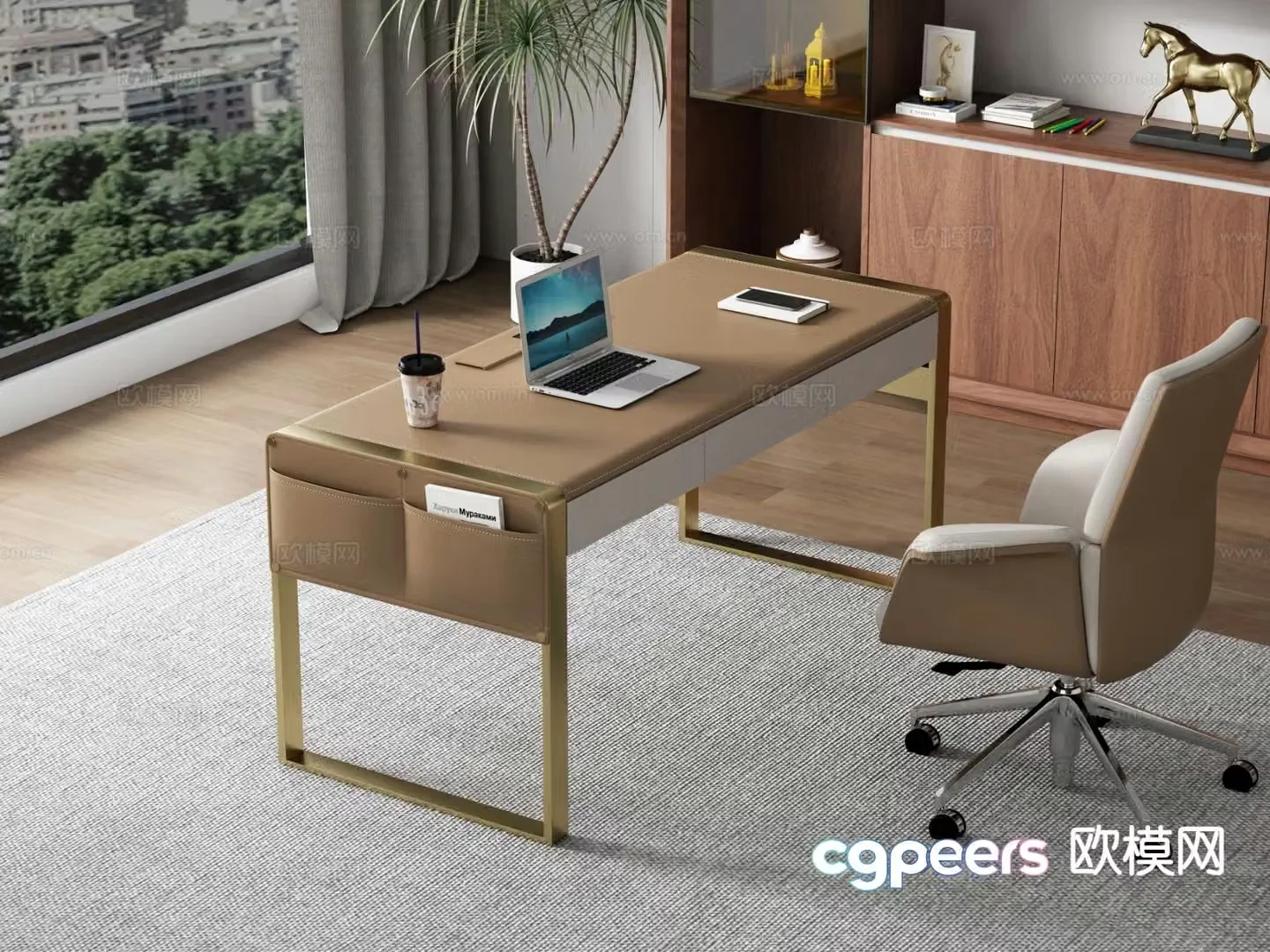 Italian minimalist saddle leather desk desk 3d model