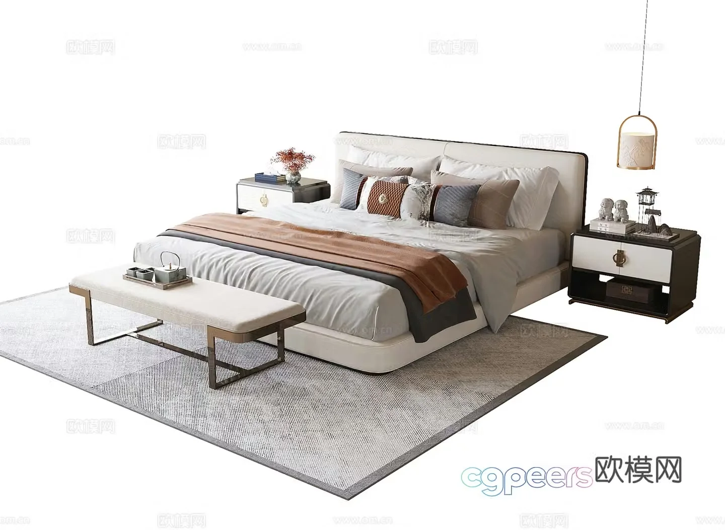 New Chinese style double bed bed tail stool bedside table 3D model