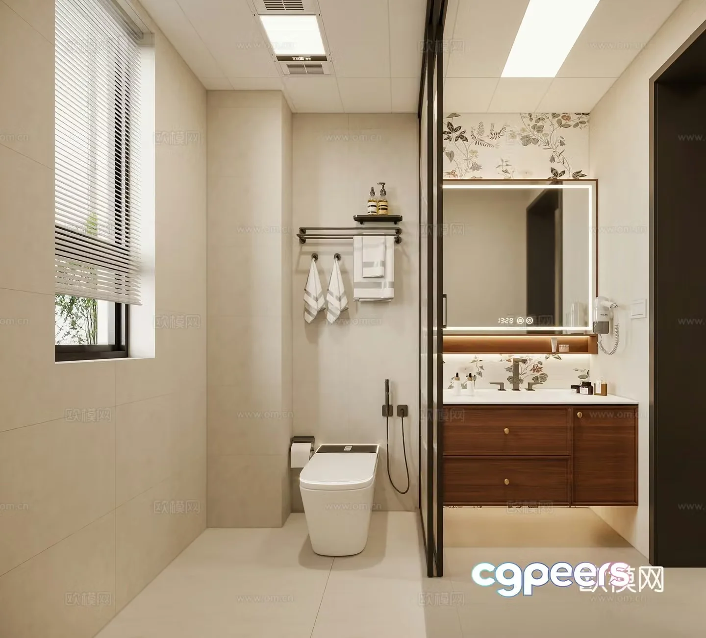 Medium cream style bathroom sink mirror toilet towel rack 3d model