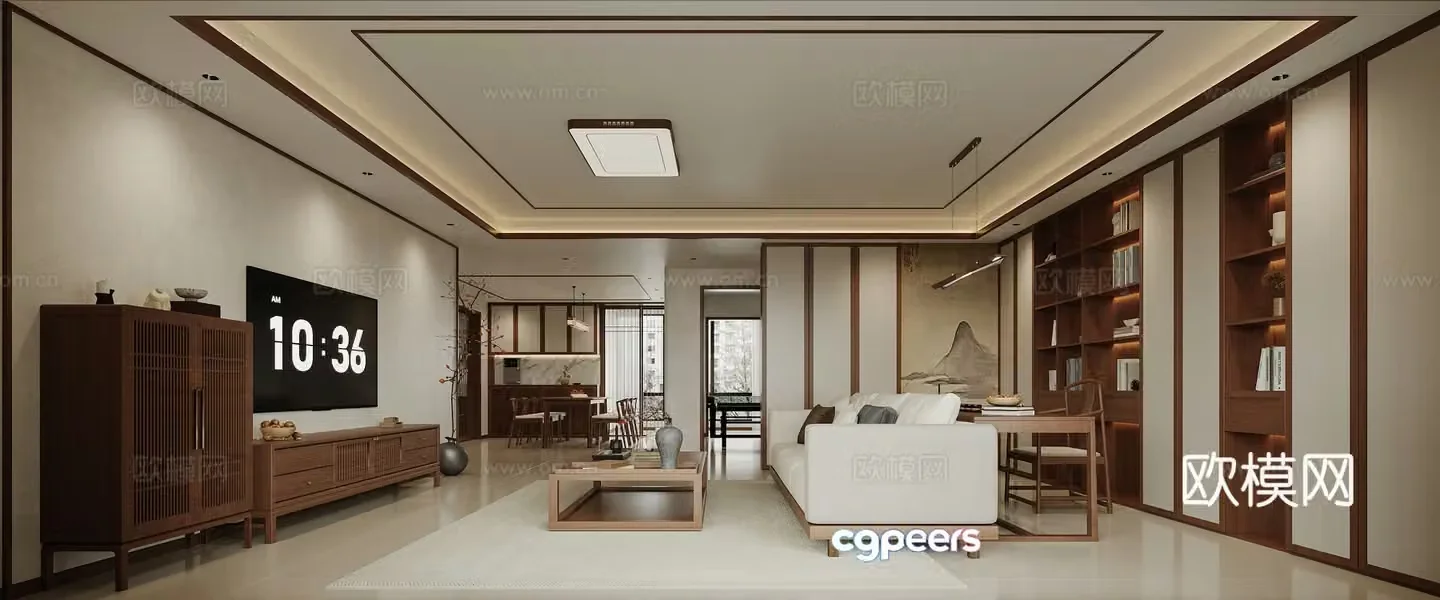 Panoramic view of Song’s aesthetic living and dining room living room dining room hanging painting chandeliers decorative cabinets 3D model