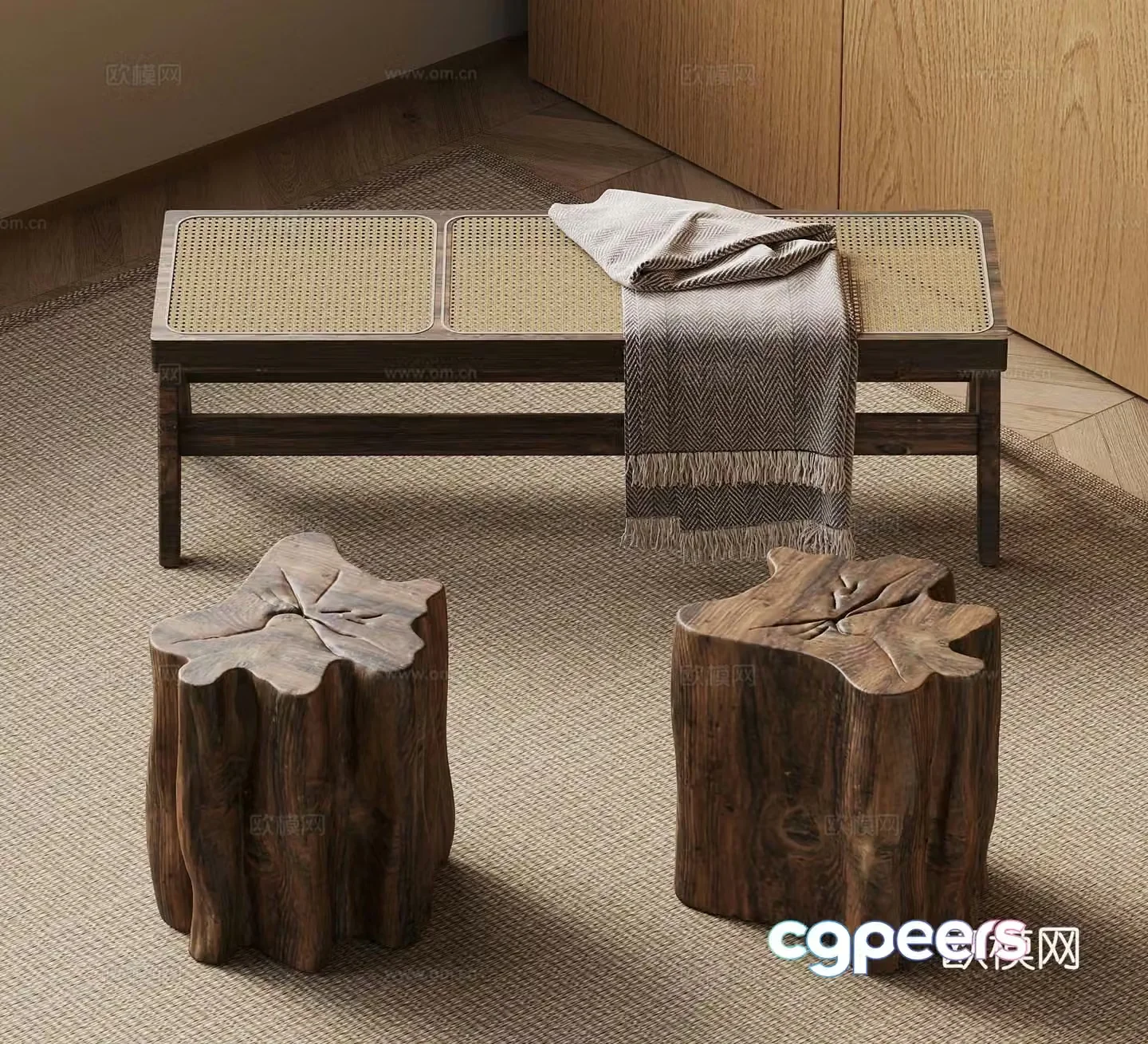 28 Middle-aged style rattan bench rattan bench wooden pier solid wood stool 3D model