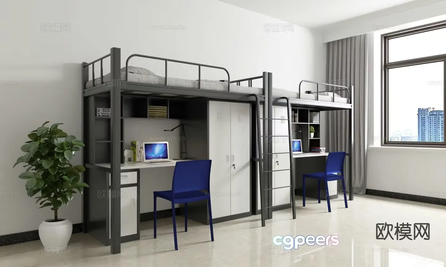 School dormitory bed upper bed and lower table upper and lower bed 3D model