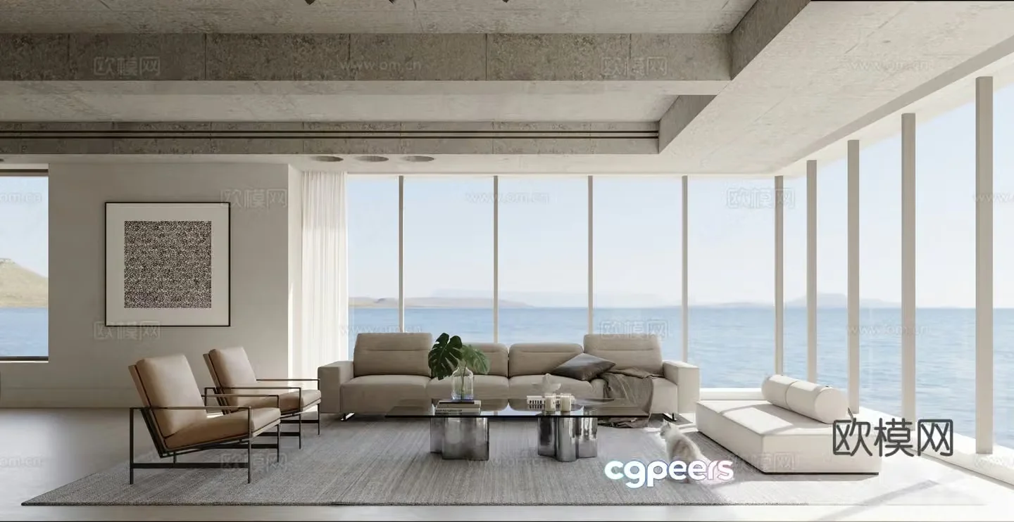 Modern minimalist home living room horizontal hall high-end gray living room sofa coffee table combination pet cat 3d model
