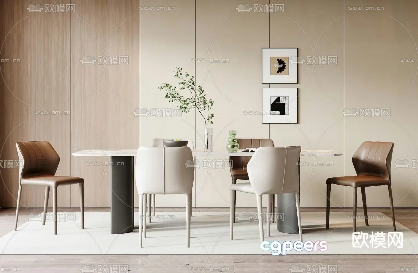 Long dining table and chairs 3d model