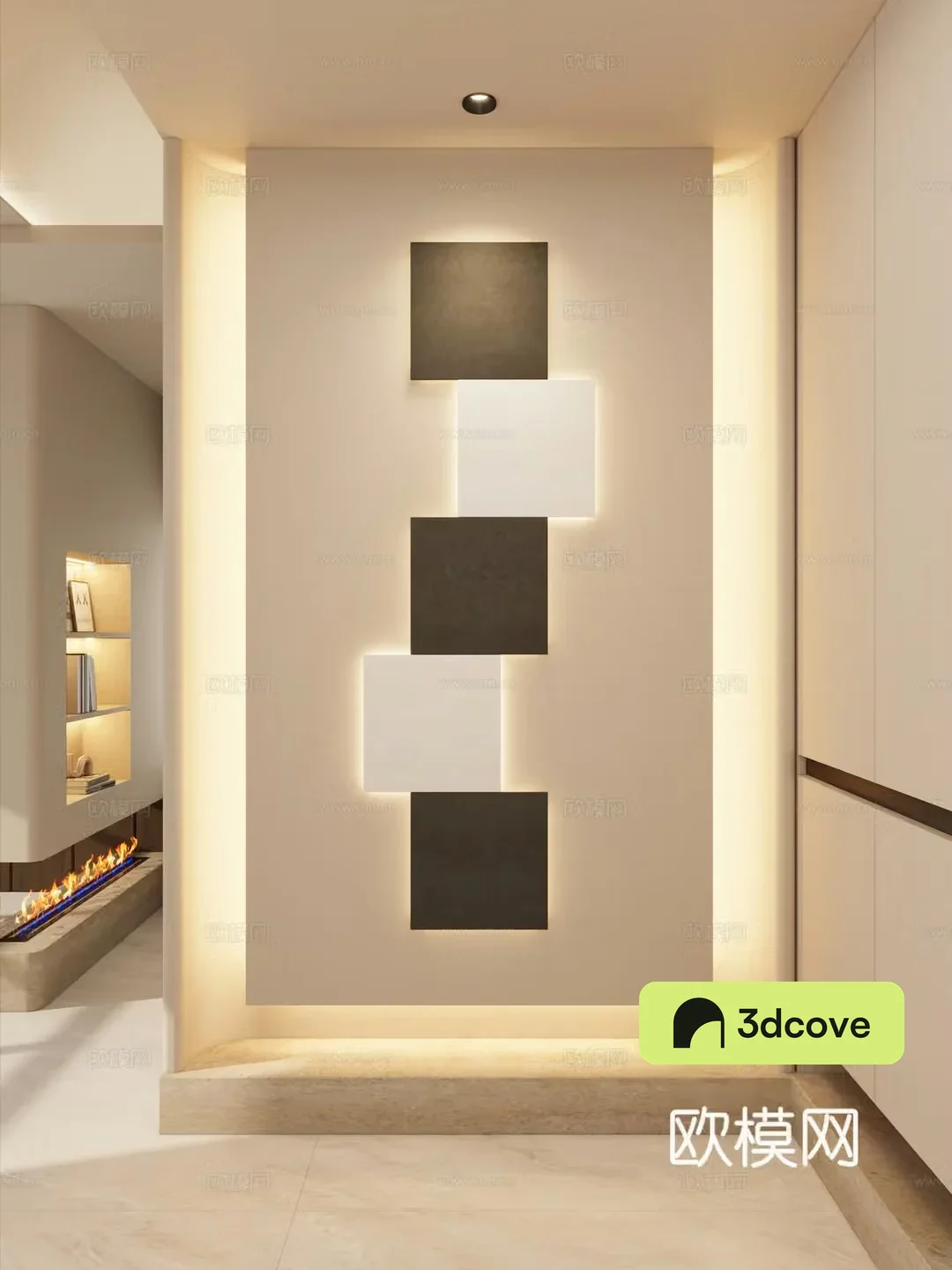 Italian minimalist style geometric stacking floating niche flame fireplace entrance partition entrance