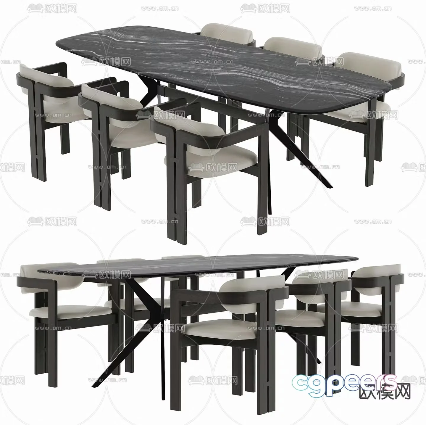 High-grade gray dining table and chairs slate dining table 3D model