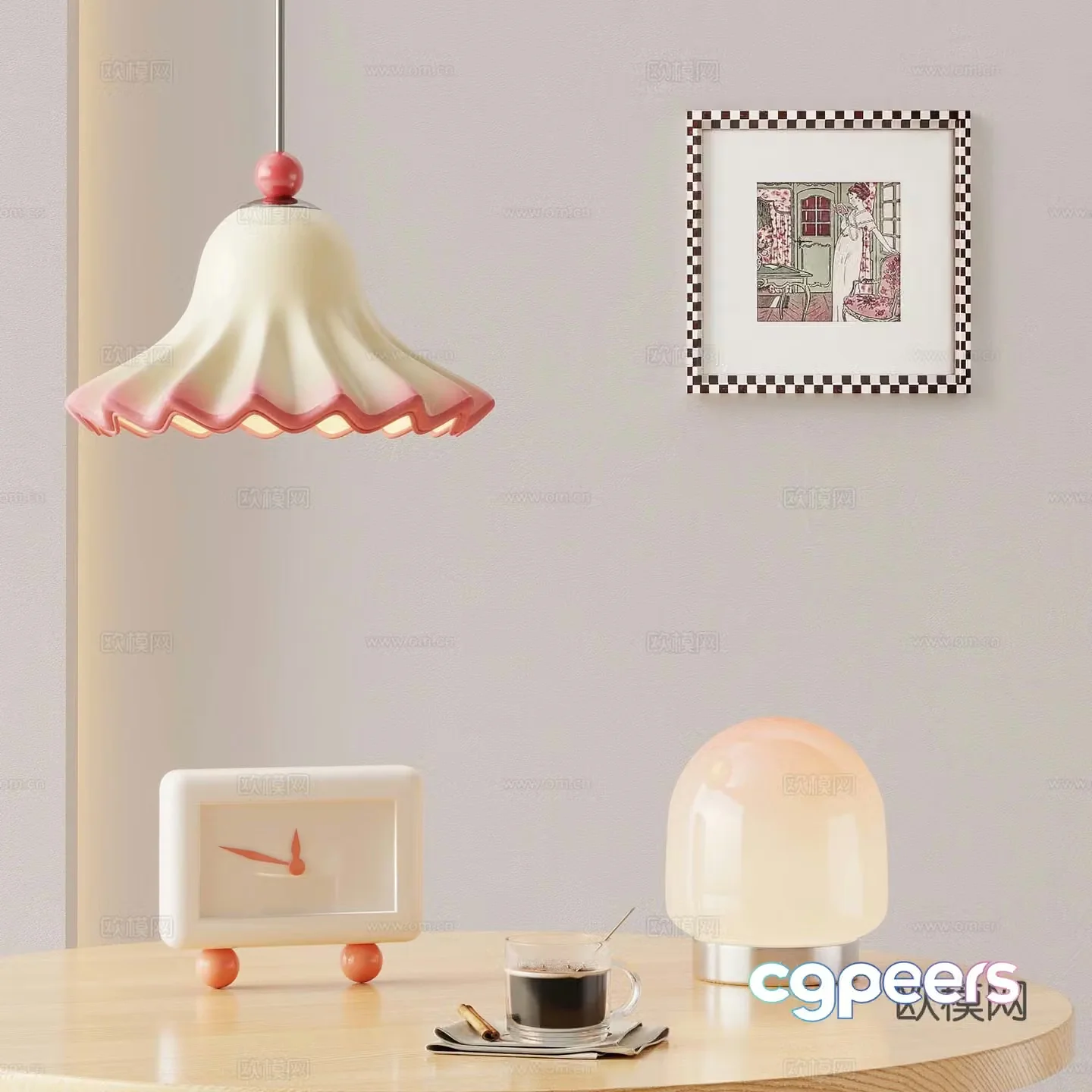 French cream chandelier table lamp decorative painting 3d model