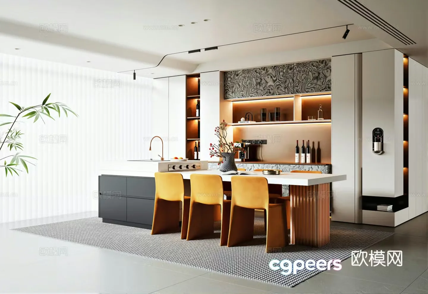 Modern minimalist Italian restaurant island dining table and chair sideboard 3D model