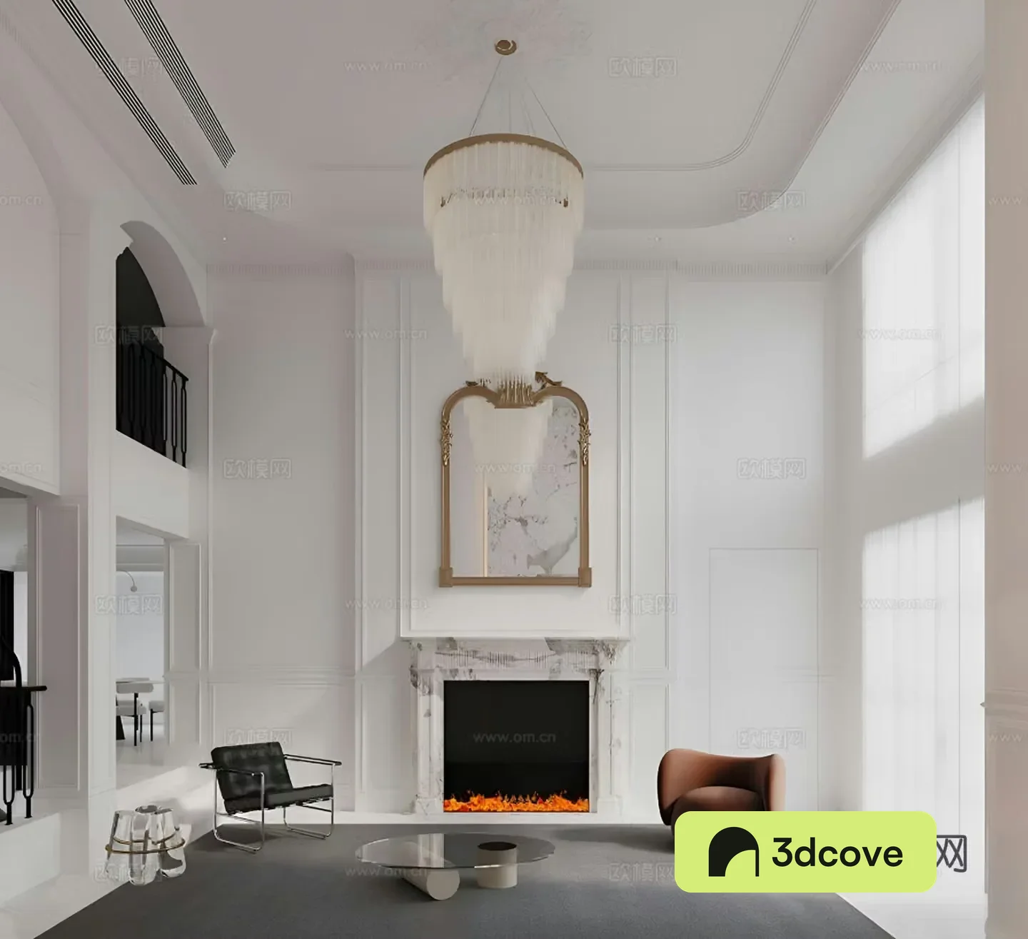 French empty villa living room fireplace stairs light luxury